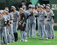 ナインを迎える藤川監督（撮影・金田祐二）