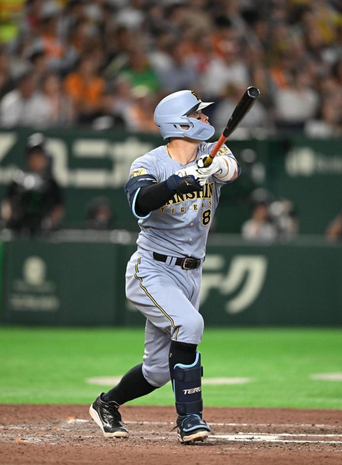 ７回、佐藤輝がソロを放つ（撮影・堀内翔）