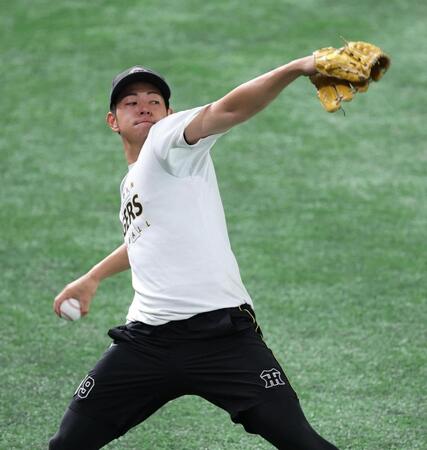 調整する阪神・下村海翔＝東京ドーム（撮影・金田祐二）