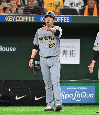 １回、森下が死球を受けて巨人ベンチに怒りをぶつける藤川監督（撮影・堀内翔）