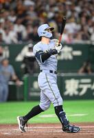 ４回、佐藤輝が右越にソロを放つ（撮影・堀内翔）