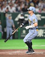 ４回、佐藤輝が右越にソロを放つ（撮影・堀内翔）