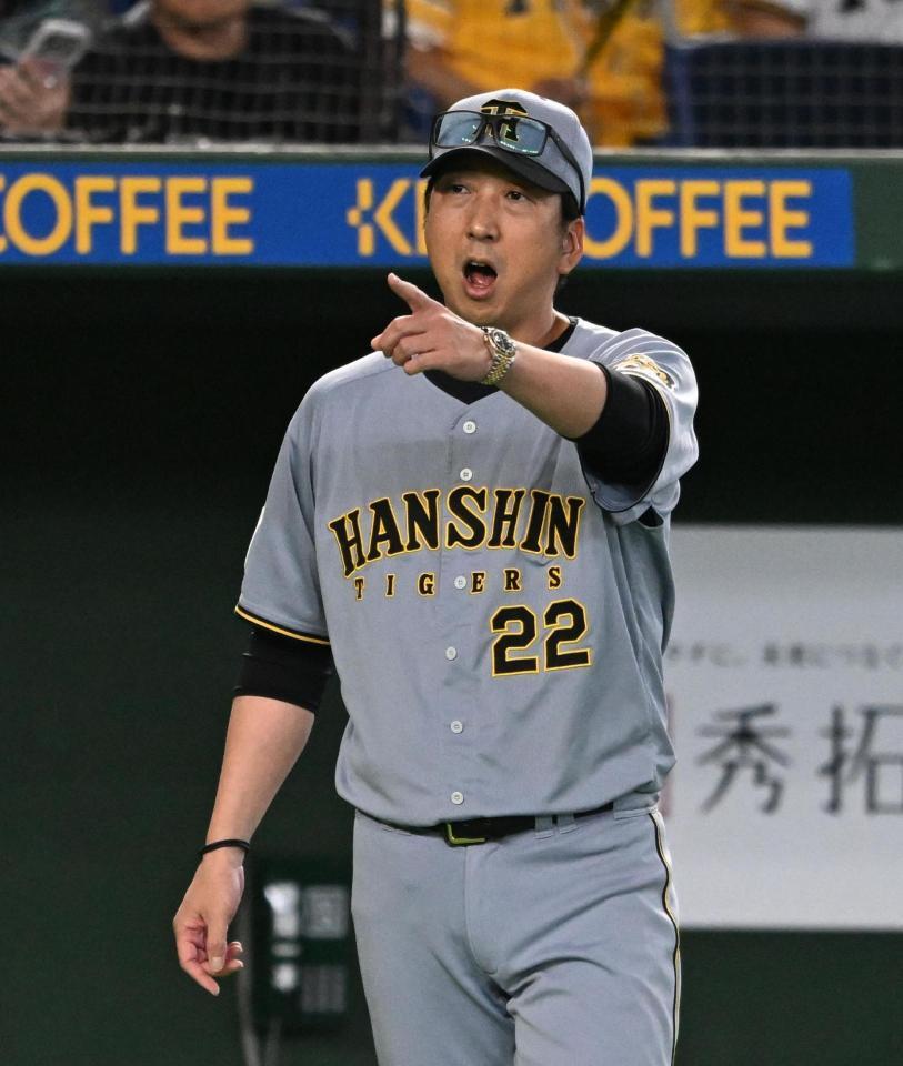 １回、巨人ベンチに怒りをぶつける藤川監督（撮影・堀内翔）