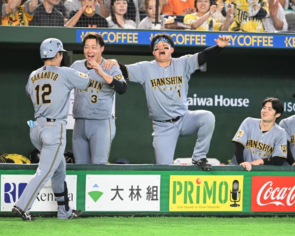 ６回、逆転の２ランを放った坂本（左端）を迎える大山と森下（撮影・堀内翔）
