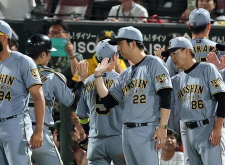 広島に勝利しナインを迎える藤川監督（中央）＝撮影・山口登