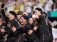 ９回、サヨナラ弾を放った大山を歓喜で出迎える佐藤輝（右）ら（撮影・田中太一）