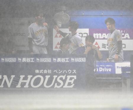 降雨の為に試合開始が遅れて近本（中央）から声をかけられる今朝丸（左端）＝撮影・堀内翔