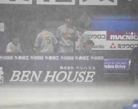 雨天中止決定後にベンチで胸を抑える今朝丸（中央）＝撮影・堀内翔