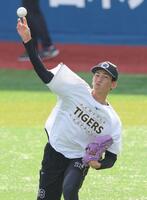 キャッチボールで調整する今朝丸（撮影・西岡正）