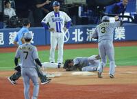 ４回、勝又の投ゴロで落としたボールを捕ろうとした高橋（左）と勝又が接触（撮影・西岡正）