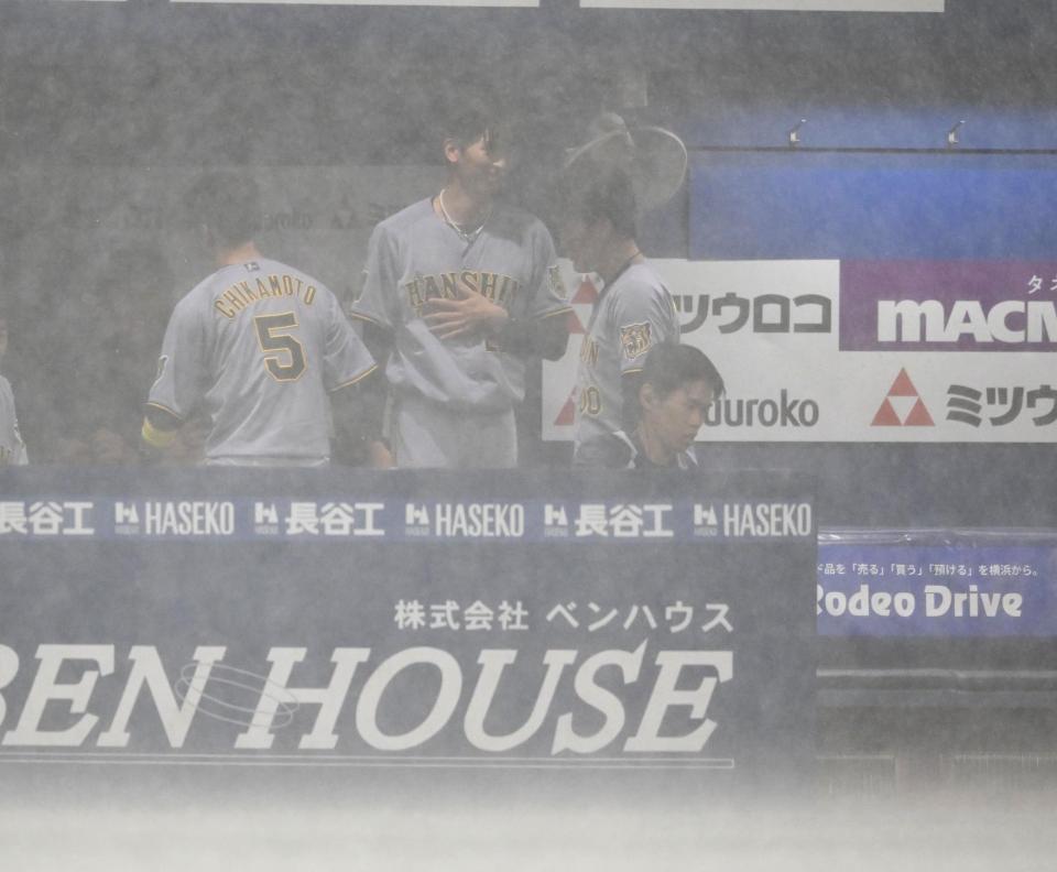 雨天中止決定後にベンチで胸を抑える今朝丸（中央）＝撮影・堀内翔