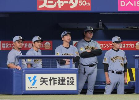 中日に敗れ、グラウンドを見つめる藤川監督（中央）ら首脳陣（撮影・西田忠信）