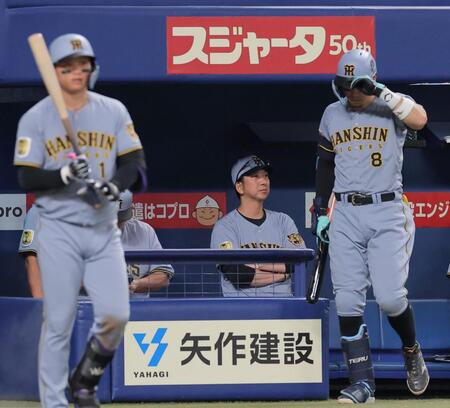 ５回、グラウンドを見つめる藤川監督（中央）＝撮影・西田忠信