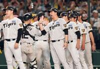 ナインを迎える藤川監督（撮影・田中太一）