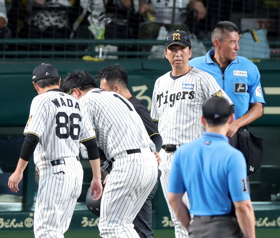 ７回、森下（１）が死球を受け、険しい表情を見せる藤川監督（中央右）＝撮影・立川洋一郎