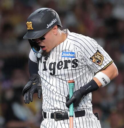 ３回、死球を受けた佐藤輝（撮影・西田忠信）