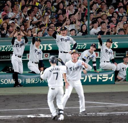 ３回、２点適時打を放った中野（７）をたたえてポーズを見せる森下（中央奥）ら（撮影・立川洋一郎）