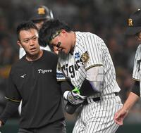 　７回、死球を受けベンチへ下がる森下（撮影・飯室逸平）