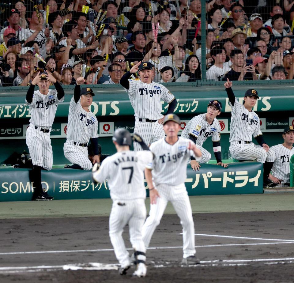 ３回、２点適時打を放った中野（７）をたたえてポーズを見せる森下（中央奥）ら（撮影・立川洋一郎）