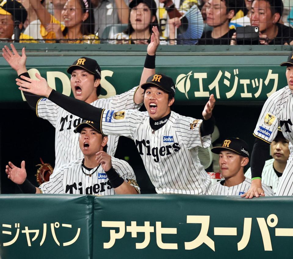９回、ベンチから声を出す才木（右）＝撮影・田中太一