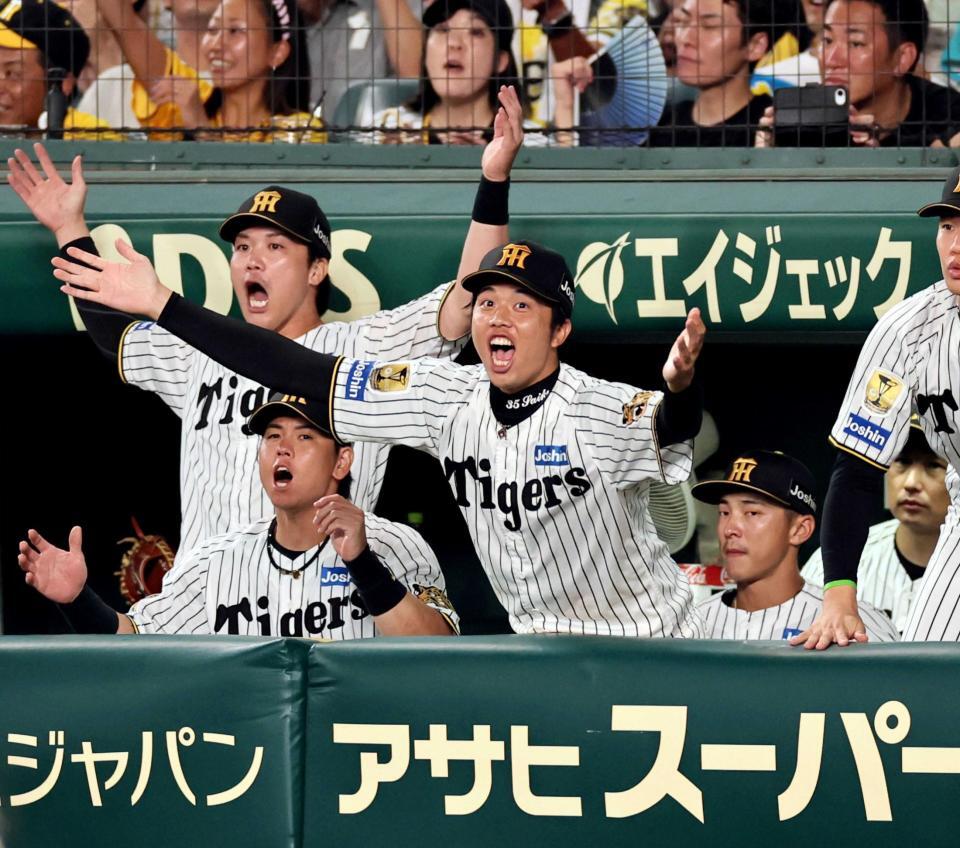 　９回、ベンチから声を出す才木（撮影・田中太一）