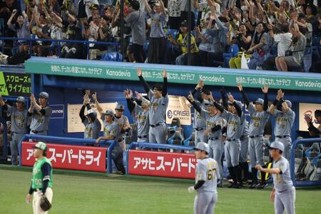 ５回、高橋の先制適時打で盛り上がる阪神ベンチ（撮影・金田祐二）