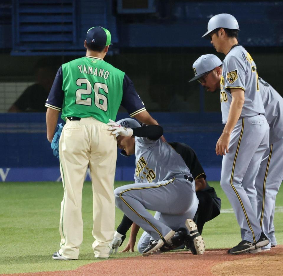 ３回、山野から死球を受け謝罪される元山（撮影・金田祐二）