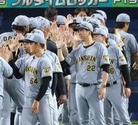 ナインを迎える藤川監督（撮影・金田祐二）