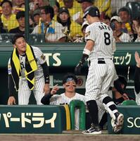 ４回、ソロを放った（右から）佐藤輝を迎える森下と元山（撮影・田中太一）