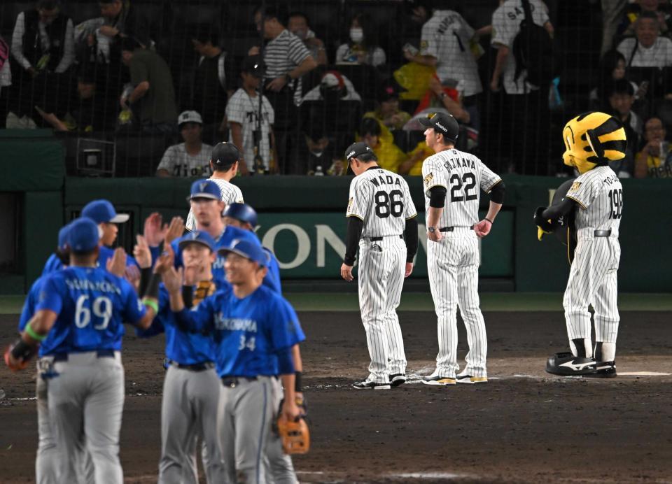 　敗戦を見届け、ベンチ前に整列する藤川監督（２２）ら（撮影・飯室逸平）