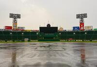 雨が降り続く甲子園球場（撮影・田中太一）