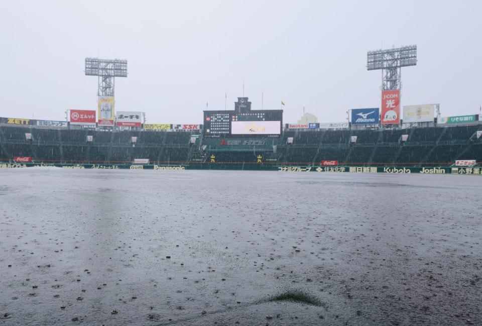 雨が降り続く甲子園（撮影・山口登）