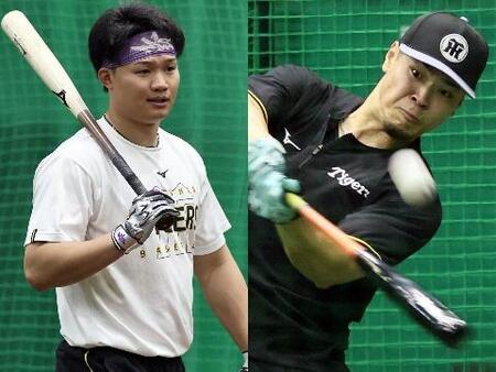 打撃ケージへ向かう森下（左）、打撃練習をする佐藤輝