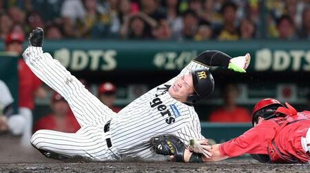 ５回、高橋の打球で本塁を狙うもアウトになる伏見（撮影・西田忠信）