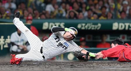 ５回、高橋の打球で本塁を狙うもアウトになる伏見（撮影・西田忠信）