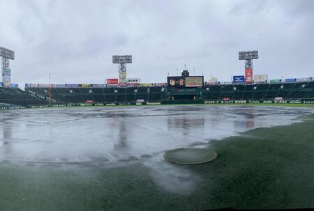 練習前、雨でぬかるんだ甲子園のグラウンド（撮影・西田忠信）