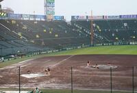 雨が強まり広島の練習が途中で中断。シートが掛けられるグラウンド（撮影・立川洋一郎）