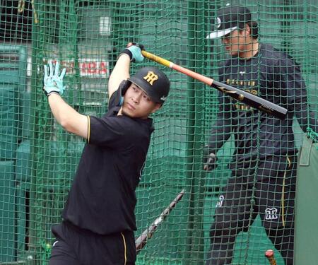 　打撃練習で快音を響かせる佐藤輝（撮影・山口登）