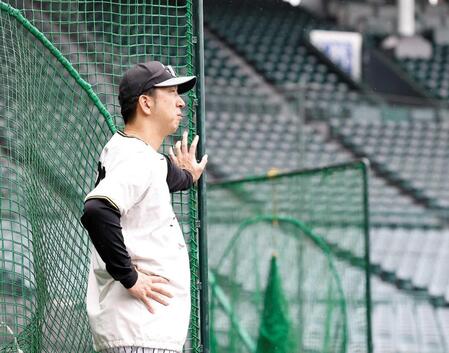 　練習を見つめる藤川監督（撮影・西田忠信）