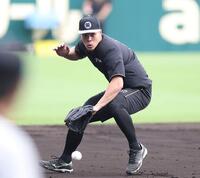 ノックを受ける阪神・佐藤輝明＝甲子園（撮影・西田忠信）