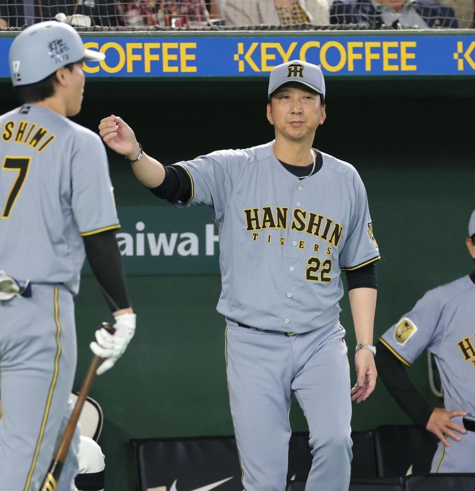 八回、代打を告げる藤川監督（撮影・西岡正）