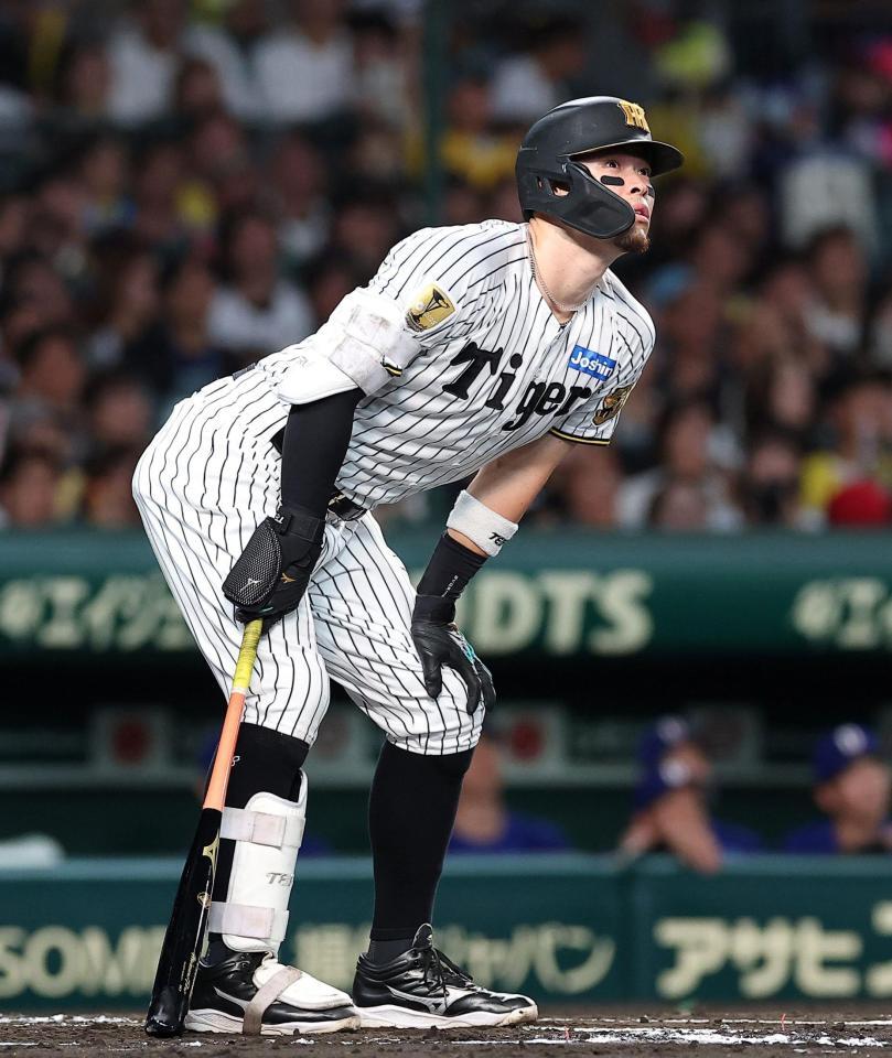 ２回、大飛球の行方を見つめる佐藤輝（撮影・西田忠信）