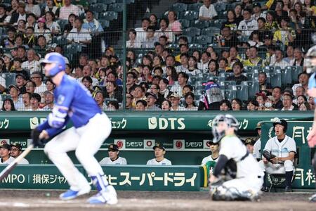 ８回、マラーの適時打を見つめる藤川監督（右奥）＝撮影・田中太一