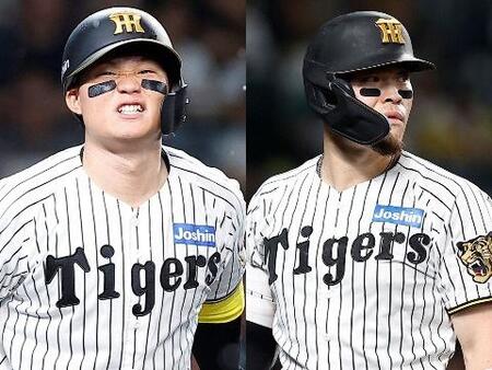 中日のマラーに苦戦した阪神・森下（左）と佐藤輝