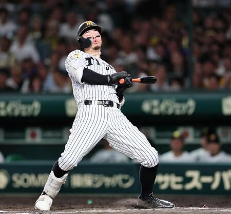 ７回、高めのボールでのけ反る阪神・佐藤輝明＝甲子園（撮影・田中太一）