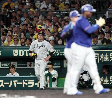６回、勝ち越し２ランを放ったサノー（手前）が生還する中、グラウンドを見つめる藤川監督（撮影・田中太一）