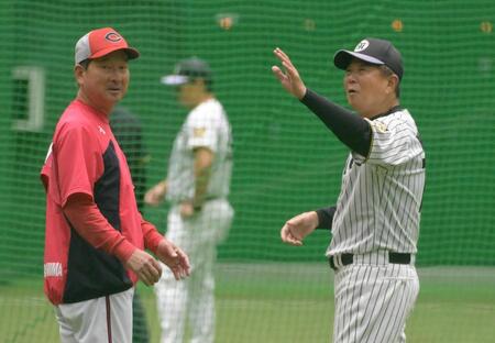 雨天中止になり室内練習場であいさつをかわす平田２軍監督（右）と高２軍監督（撮影・金居みつよし）