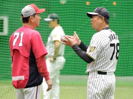 　広島・高２軍監督（左）と談笑する平田２軍監督（撮影・金居みつよし）