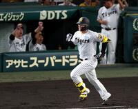 ４回、レフトポール直撃の２ランを放ちガッツポーズを見せる森下（撮影・山口登）