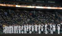 勝利後、整列する阪神ナイン（撮影・西田忠信）